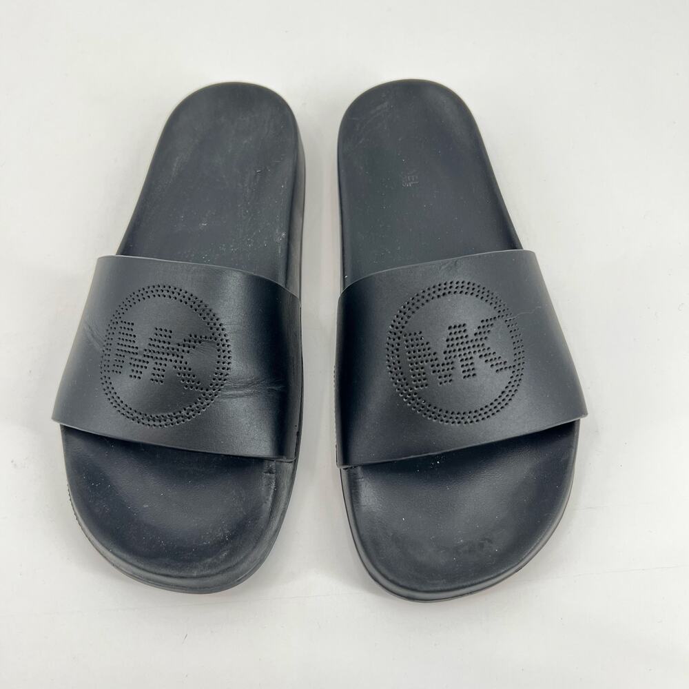 Michael Kors Gilmore Perforated MK Logo LEATHER Slide Sandal Black women size 9 - Picture 2 of 7